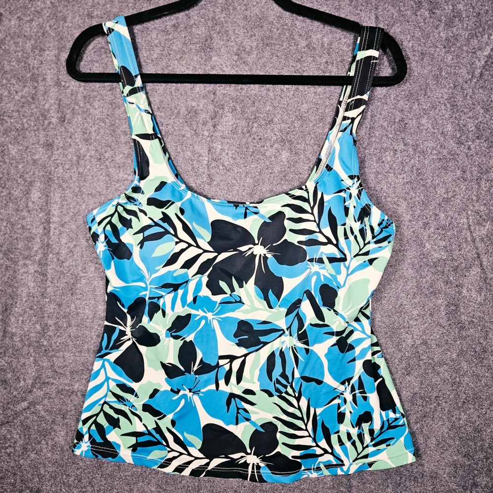 St. Johns Bay Womens Blue Floral Tankini Top Tropical Swim Beach Vacation Sz 16